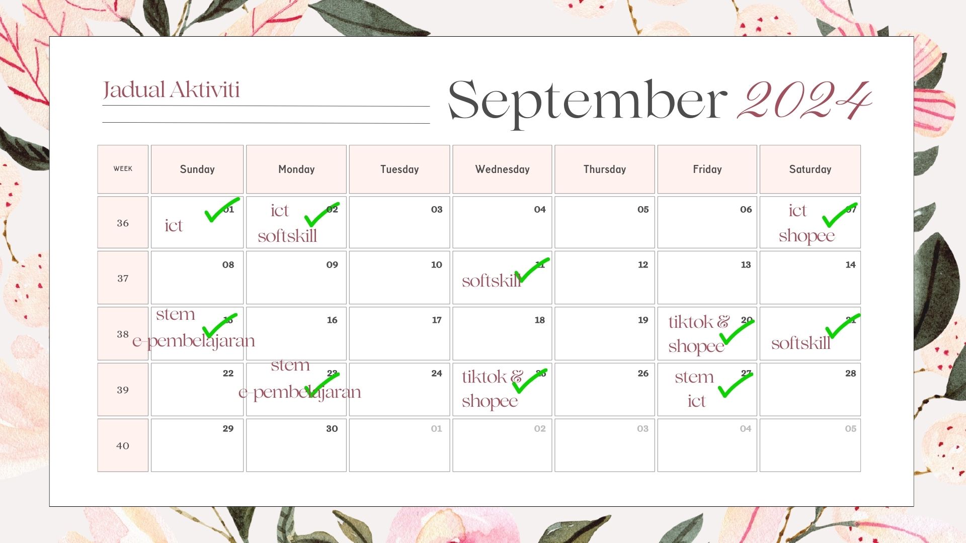 Pink and White Elegant Floral 2024 Monthly Calendar